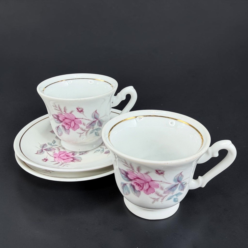 Fena Porzellan Pink Rose Demitasse Tea Cup Saucer Set German Porcelain Gold‎ Rim